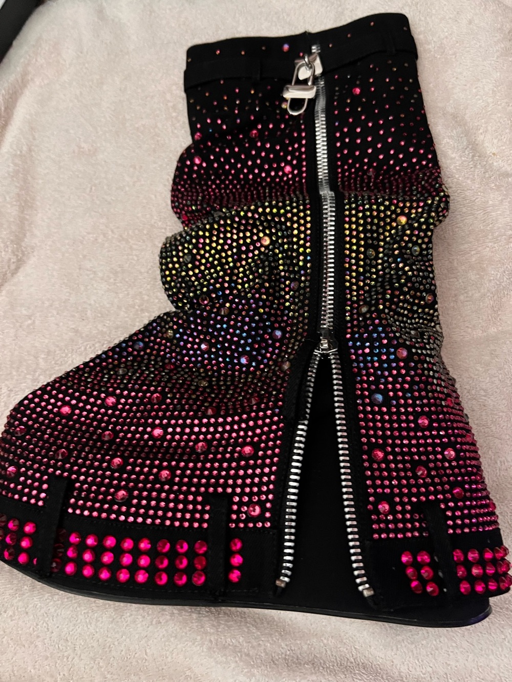 Rainbow Rave Boots Black Denim w/ Zipper. 5” Platform Wedge Ombre Rhinestones - Picture 4 of 17